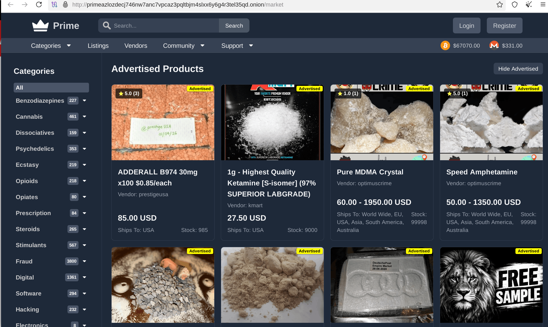 Prime Market listing categories showing various product types and vendor options