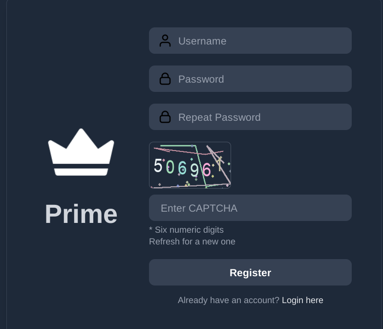 Prime Market registration form requiring username, password and captcha